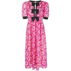 Saloni Jamie-C Dress Fuchsia Beige Beaded Pink Lace Bow Puff Sleeve Midi size 10